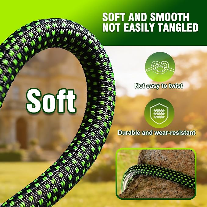 Garden Hose 25FT, Ultra Lightweight with 10-Function Nozzle | Kink-free & leak-proof 25FT hose. Ultra-lightweight 2.8 lbs, durable fittings, 10-pattern nozzle. Includes 3 extra washers.