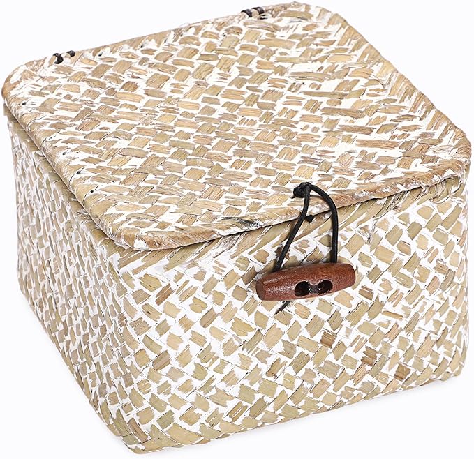 Hipiwe Handwoen Seagrass Basket with Lid Mini Woven Wicker Box,3.5"x3.5"x2" | Decorative Shelf Basket for Bathroom Home Office Organizer, Key Basket Holder for Entryway Table, Whitewash