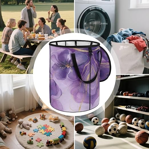 doginthehole Purple Flowers Collapsible Trash Can with Lid Aesthetic Marble Texture Trash Can Waterproof Portable 23 Gallon Waste Bin for Camping, Beach, Picnic, Patio Home Outdoor Decor
