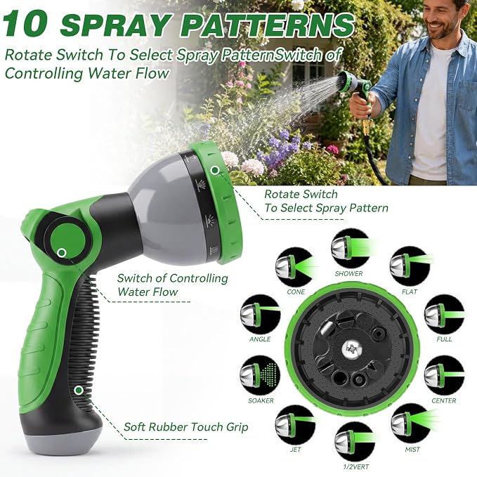 100FT Garden Hose 100 Feet Non-Expandable Heavy Duty Garden Hose with 8 Pattern Spray Nozzle, Flexible Kink-Free Water Hose with Brass Fittings for Watering Lawn, Yard, Car Washing