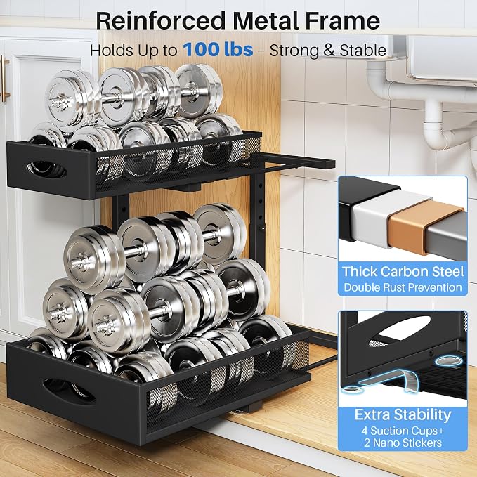 Under Sink Organizer, 2 Tier Pull Out Under Cabinet Organizer Shelf with Pad for Framed Cabinets, Metal Slide Out Under Sink Storage, Mesh Sliding Drawers for Kitchen Bathroom Laundry(Black, 1 Pack)