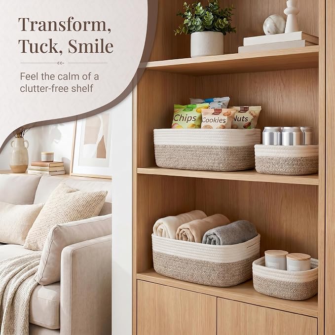 Storage Baskets for Shelves, 5 Pack, 2 Sizes Organizer Bins | Woven Cotton Rope Baskets, 3 Large + 2 Small Shallow Storage Bins for Nursery, Closet, Toys, Bathroom & Changing Table