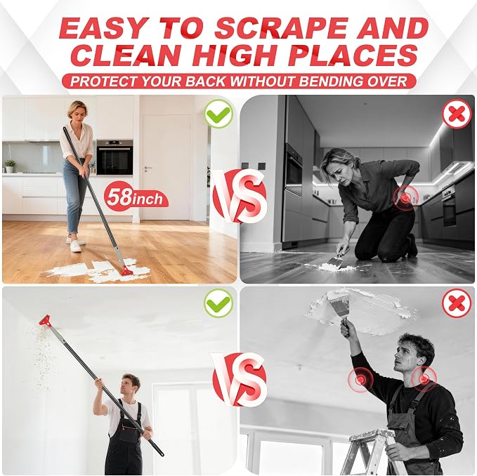 Floor Scraper Long Handle Heavy Duty, 30"-58" Long, 4" Wide Blade | Razor Blade Floor Scraper Tool, For Cleaning Stickers Gum Paint Hardwood Floor Wall Glass Tile Grout, 10 Extra Blades