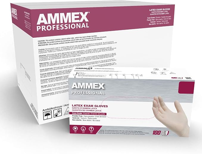 AMMEX White Latex Disposable Exam-Grade Gloves, 4 Mil, Powder-Free, Food-Safe, Lightly-Textured, Non-Sterile