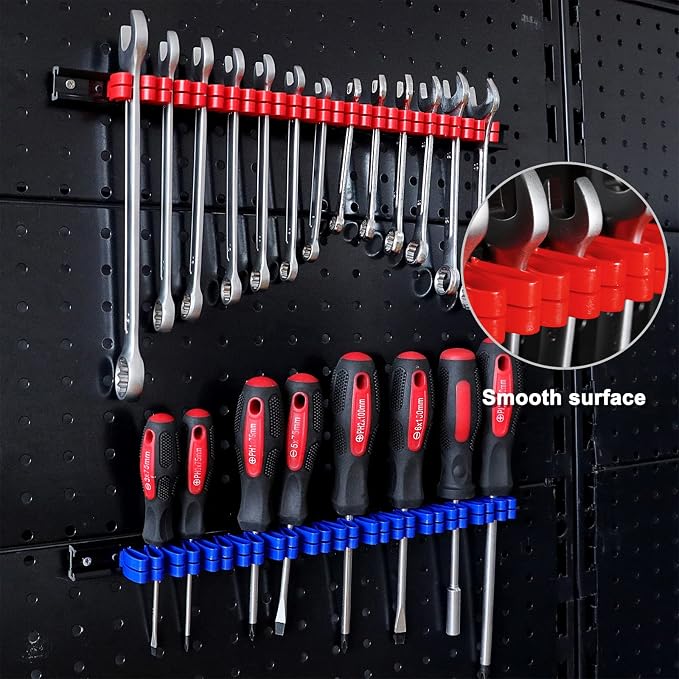 CASOMAN 10 pcs Screwdriver Organizer and Wrench Organizer, Wall Mount, Hand Tool Holder, Plastic Rail Wrench Hanger with Clips