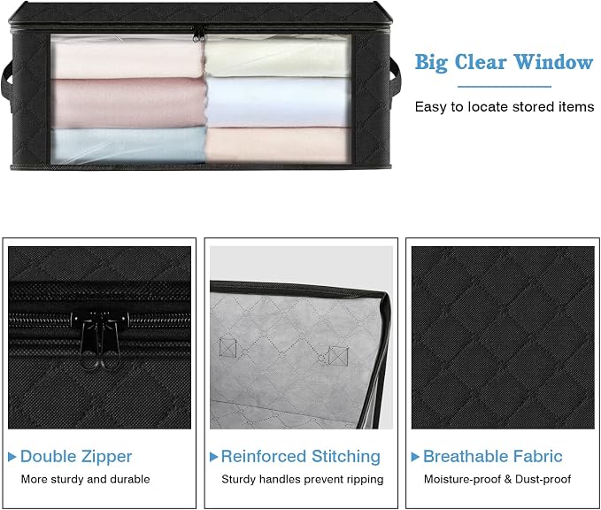 HomeHacks 3-Pack Clothes Organizer Storage Bags, 35L Storage Bins, Black | Foldable Storage Box Container with Zippers, Clear Window, Reinforced Handles for Closet, Dorm, Pillows, Bedding, Sweater