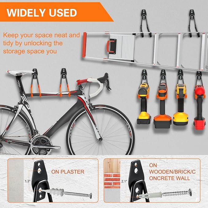 HUPBIPY 12 Pack Garage Hooks Heavy Duty, Wall Mount Ladder Hooks | Storage Organizer With a non-slip coating for Hanging Bicycles Garden Tools Ladders Hoses Ropes and Loose Items(Yellow)
