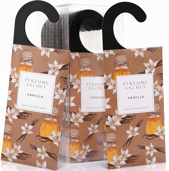 Large 12 Packs Vanilla Hanging Scented Sachets Long-Lasting Closet Deodorizer Air Freshener Fabric Refresher Odor Eliminator for Drawer Home Fragrance Gift Set