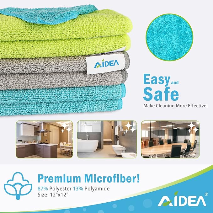 AIDEA Microfiber Cleaning Cloth-24PK, Microfiber Towels for Cars 12"x12" | Absorbent Cleaning Rags, Reusable Microfiber Towels Lint-Free, Dish Rags Streak-Free for Home /Kitchen /Window (Multicolor)