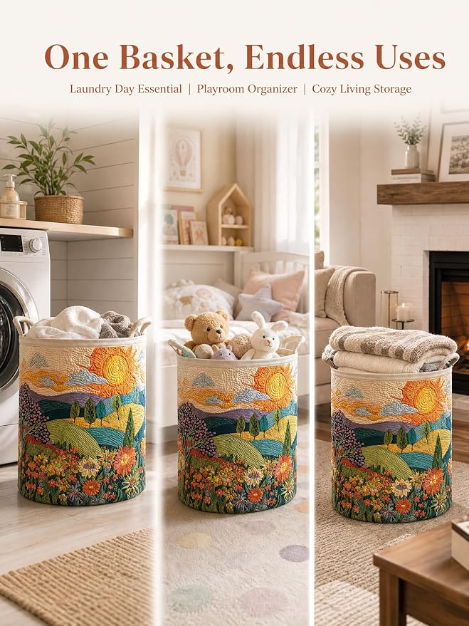 Quilted Laundry Basket with Handles, Boho Floral Quilted Storage Hamper, Large Capacity Laundry Hamper for Nursery Bedroom Laundry Room Home Decor (Pattern 08, Medium (22"H x 16"W x 16"L))