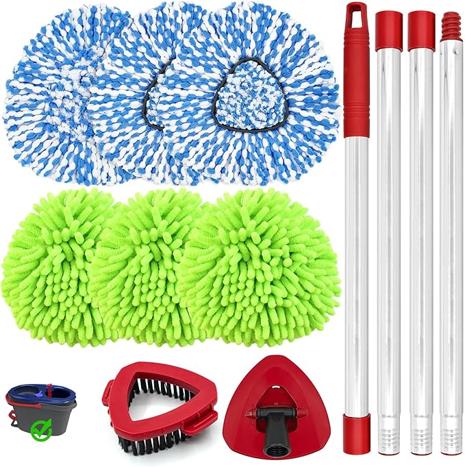 Mop Heads for O Cedar RinseClean 2 Tank Spin Mop System, 3 Microfiber Mop Head Refills and 3 Chenille Mop Pads,1 Scrub Brush, and 1 Mop Base with Mop Handle Set Combo