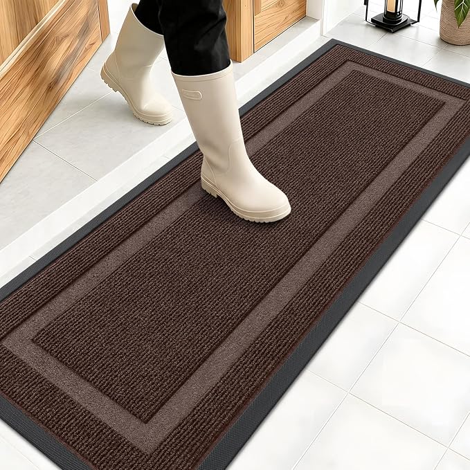 OLANLY Front Door Mat Outside 47x17, All-Season Heavy-Duty Rubber Doormat | Dark Brown, Absorbent, Stain Fade Resistant, Waterproof Non-Slip Backing, Low-Profile Indoor Outdoor Floor Mat for Entryway