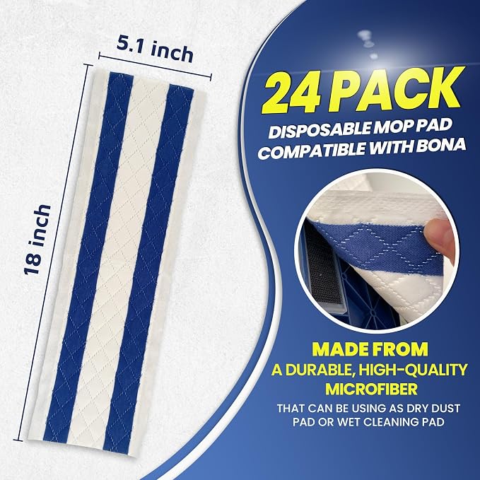 24-Pack Disposable Microfiber Pads for 16-18" Flat Mop, for Bona/Rubbermaid | Wet & Dry Dusting Refills for 16-18 Inch Hook & Loop System Mops – Compatible with Bona, Rubbermaid, Turbo & Norwex