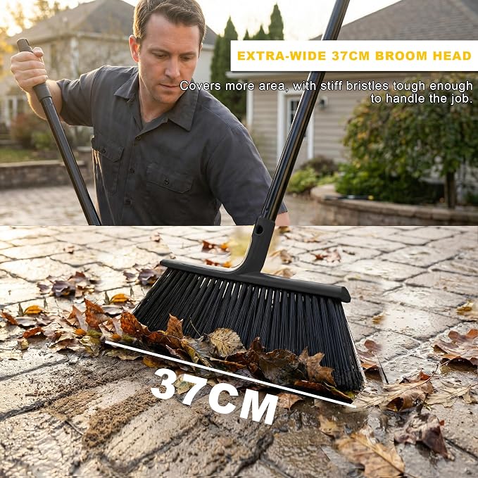 Large Angle Brooms Indoor Outdoor Broom with Long Handle Stiff Bristle Sweeper for Kitchen Garage Deck Courtyard Lobby Patio Lawn Leaves (Black)