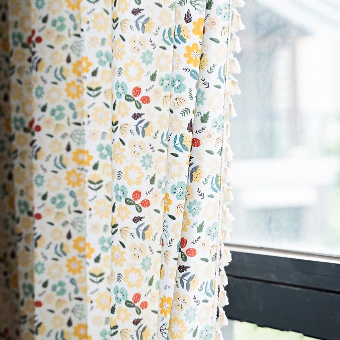 Sutuo Home Boho Curtain Semi-Blackout Colorful Florals Print Cotton Linen Fabric, Handmade Tassels Rod Pocket Bohemian Farmhouse Country Window Drapes for Living Bedroom, 59" W x 84" L, 1 Panel