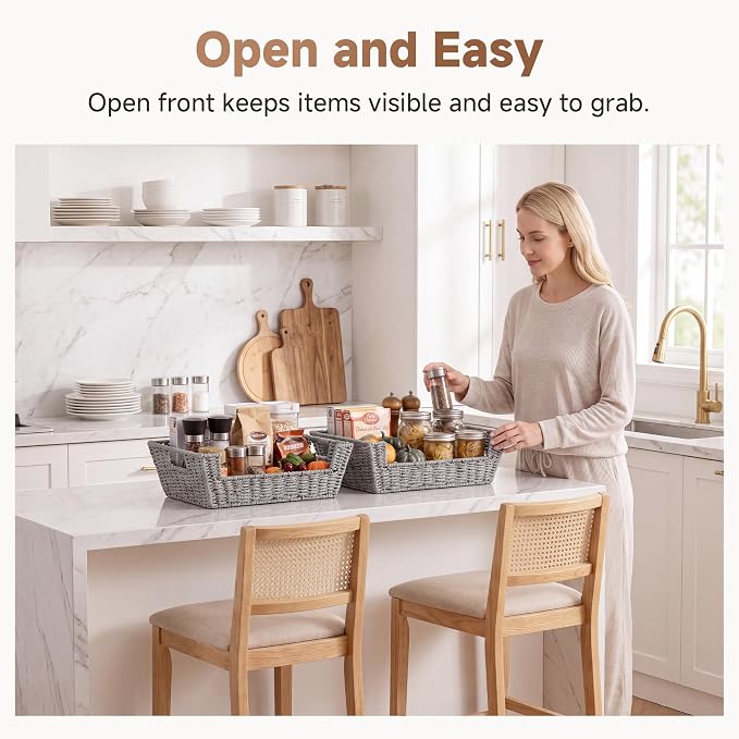 StorageWorks Pantry Baskets for Organizing, Large Wicker Basket for Storage | Wicker Storage Baskets for Shelves, Paper Rope Rattan Baskets with Handles, 2 Pack Woven Basket for Shelf Storage, Gray