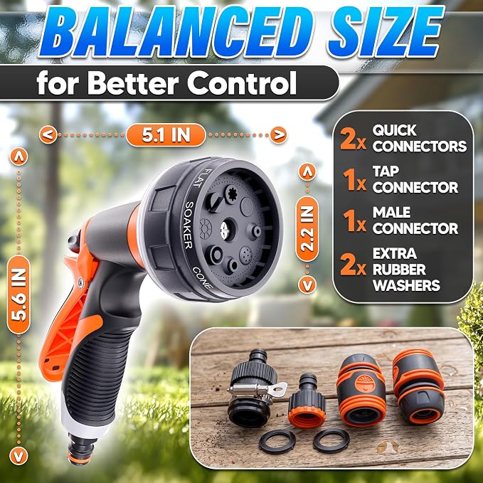 8 Pattern Garden Hose Nozzle Heavy Duty High Pressure Sprayer | Rubber-Grip ABS Water Hose Nozzle for Car Washing, Plant Watering, Deck Rinsing and Dog Bathing, Leak Proof Adjustable Flow