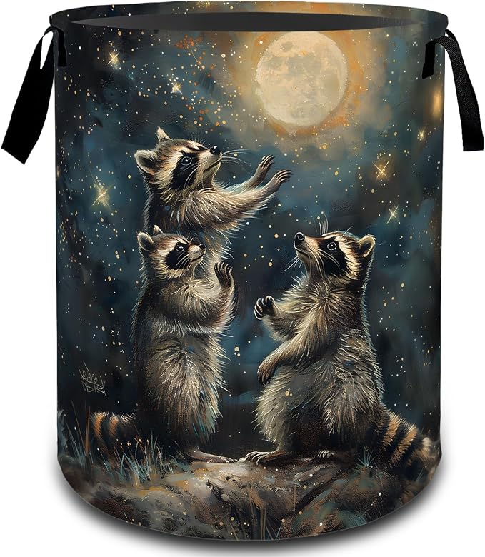 Raccoon Moon Night Sky Laundry Basket, Dirty Collapsible Clothes Toy Organizer Hamper for Kids Adults, Oxford Cloth Waterproof Storage Bin for Bedroom Bathroom Home Decor Gifts, 19.7"X15.7"