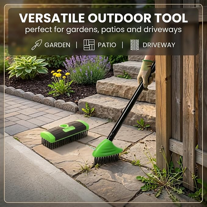 SakerPlus 3-in-1 Versatile Weed Brush Combo Set with Long Handle (1pack) | Crack Weeder Brush, Wire Floor Scrubber, Triangular Brush, Scraper, Steel Wire Bristles for Patio, Driveway, Deck