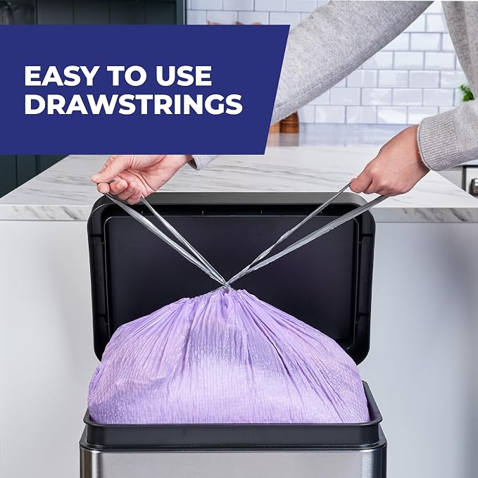 Hefty Ultra Strong 13 Gal Purple Kitchen Trash Bags, Lavender Scent, 110ct | Bulk Pack, 13G Tall Purple Trash Bags with Drawstrings for Kitchen, Resists Leaks, Continuous Odor Control, Fabuloso Lavender