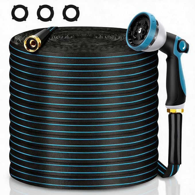 Non-Expanding Garden Hose 50FT with 10-Pattern Nozzle, Lightweight Flexible Water Hose Kink-Resistant, Brass 3/4'' Fittings & Sealing Washers, for Yard Lawn Garden Car Wash Pet Bathing