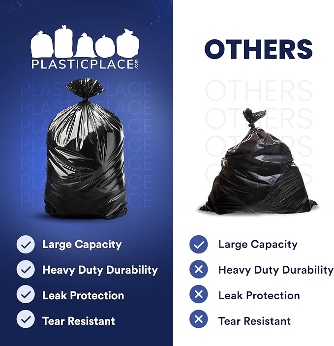 Plasticplace 55-60 Gallon Trash Bags, Heavy Duty, Black Garbage Can Liners, Puncture-Resistant Star Seal, 38" x 58", 100 Count for Warehouse, Kitchen, and Outdoor Use 1.5 Mil