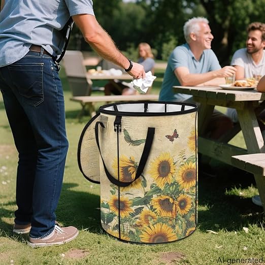 Sunflower Outdoor Trashcan Collapsible Pop up Trash Can with Handles and Lid Flodable Easy to Store Car Camping Supplies 24 Gallon Reusable Container for Yard Garden Waste