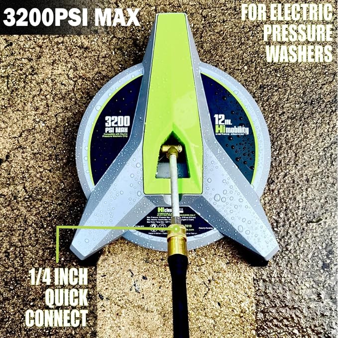 Hiclean 12" Electric Pressure Washer Surface Cleaner with Wheels, Grey | 3200 PSI Max, Power Washer Attachment, For Concrete, Patio, Sidewalk, Driveways