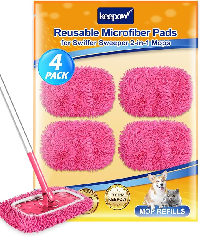 KEEPOW 4Pcs Pink Chenille Reusable Mop Pads Compatible with Swiffer Sweeper | Pink chenille refills for aesthetic home cleaning & color-coding, Washable pet hair pads fit standard 10-12" flat mops