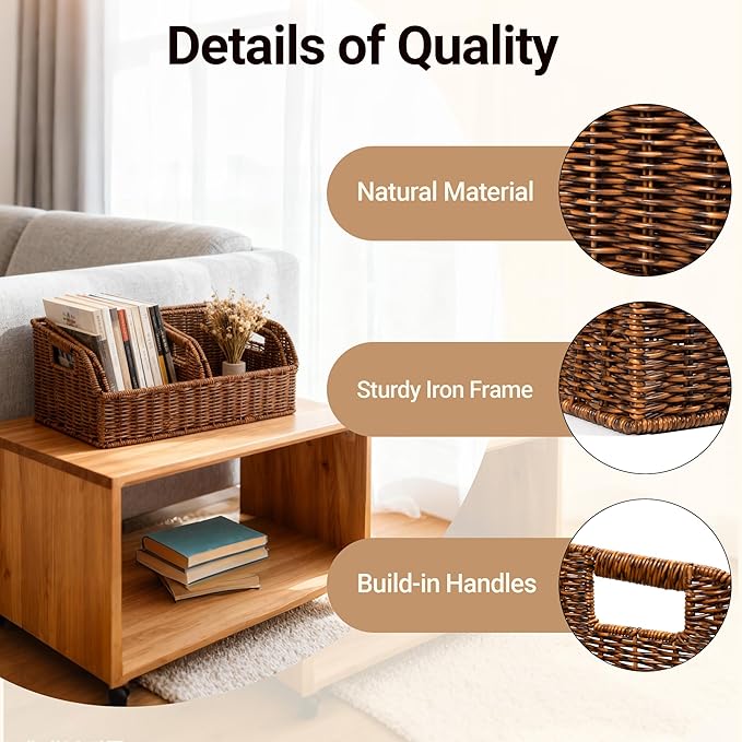 Brownlily Faux Wicker Pantry Storage Baskets, Brown-Single Set (3-Piece) | Handwoven Baskets for Organizing with Built-in Handles, All-Purpose Storage Baskets with Chalkboard for Shelves,Laundry Room