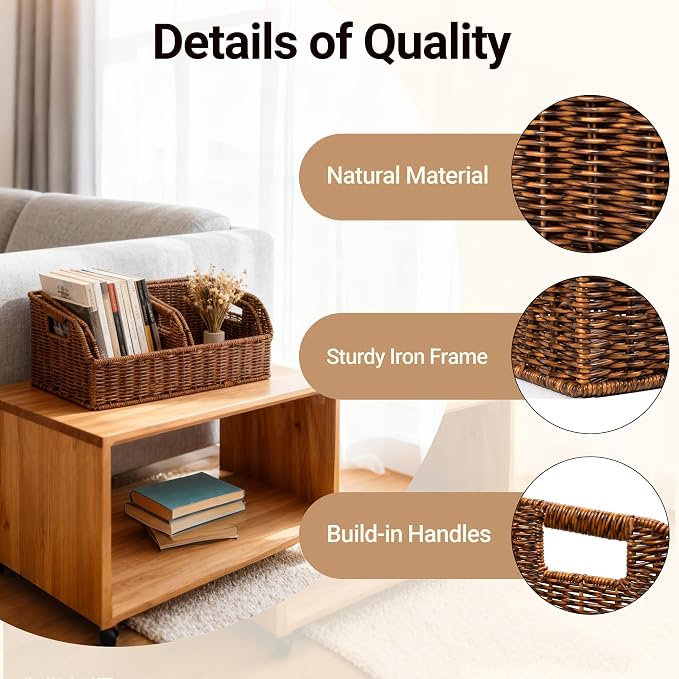 Brownlily Faux Wicker Pantry Storage Baskets, Brown-Double Set (6-Piece) | Handwoven Baskets for Organizing with Built-in Handles, All-Purpose Storage Baskets with Chalkboard for Shelves,Laundry Room