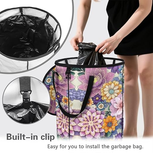 Blooming Flower 24Gal Collapsible Trash Can w/Lid & Sorting Clips Multifunctional Camping Recycling Bin Waterproof Reusable Pop-Up Trash Bag for Outdoor Party Hiking 18x18x23 in
