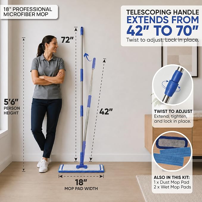 18” Pro Microfiber Hardwood Floor Mop - Cleans Floor in Seconds | Dust & Wet Mopping | Hardwood, Tile, Laminate & Vinyl with 3 Washable Pads, No Buckets Needed with Deluxe Household Mop