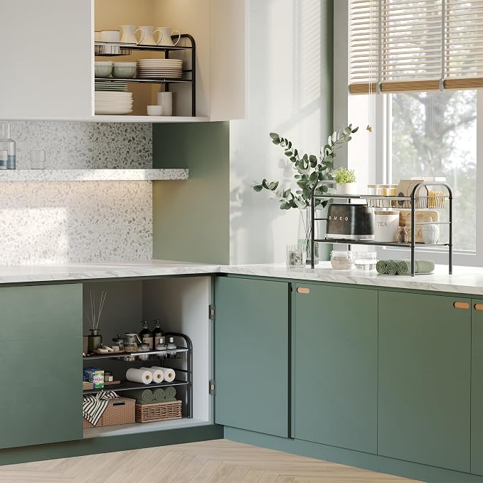Under Sink Organizers and Storage,Expandable under cabinet organizer Shelf | 2 tier expandable shelf for kitchen,bathroom,6 Removable ABS Panels and 2 Baskets,Adjustable partition height,20.7-32.3" W