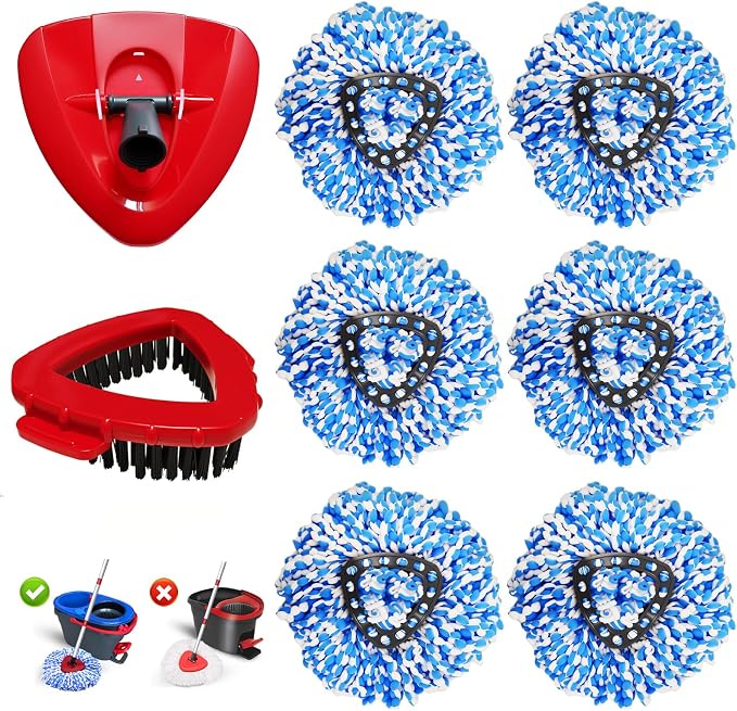 8-Pack Spin Mop Head Replacement for O Cedar Rinseclean 2 Tank System | Microfiber 100% Reusable Mop Refills, 6 Mop Heads, 1 Mop Base, 1 Scrub Brush Combo Set