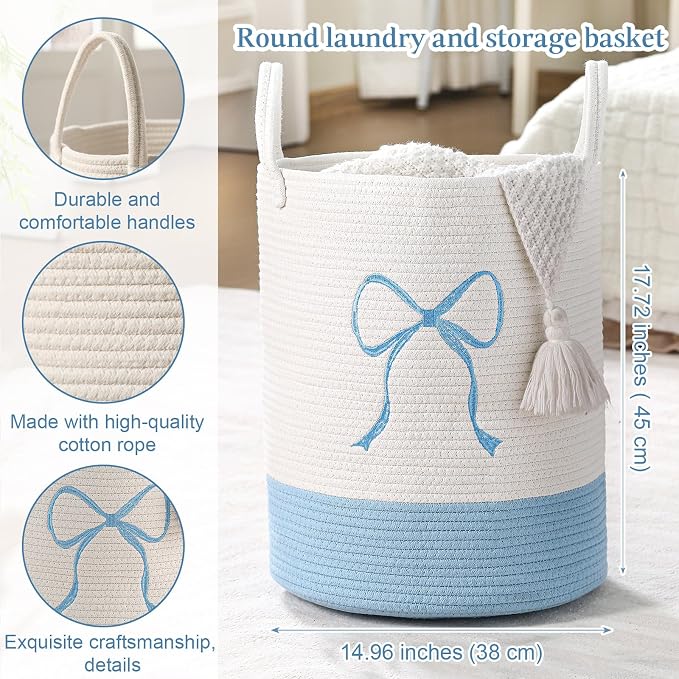 Honeydak Blue Laundry Basket Bow Hamper Coquette Laundry Basket Cotton Rope Blue Hamper 15 x 17.7 Inches Toy Box Large Coquette Bow Teens Girls Room Storage for Blanket Toys Clothes Organization
