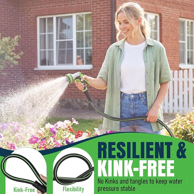Non-Expandable Garden Hose 50ft,Lightweight Kink Resistant Hose, Solid Brass 5/8" Fittings, 200PSI Working & 600PSI Burst, for Medium Yard, Home Garden & Light Small-Space Cleaning