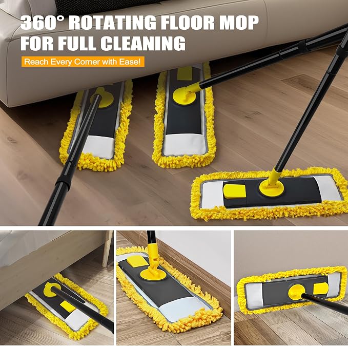 Dust Mop with Microfiber & Chenille Pads, Dry Wet Flat Mop for Cleaning Hard Wood Laminate Tile Vinyl Kitchen Bathroom Home (Yellow)