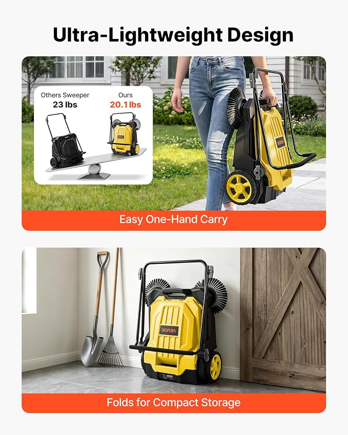 VEVOR Walk-Behind Hand Push Floor Sweeper, Manual Floor Sweeper Non-Electric with 25.6" Sweeping Width, 5 Gallons Waste Container & Adjustable Folding Handle for Yards Walkways Patios Garages - Yellow | 5 Gallons Waste Container & Adjustable Folding Ha...