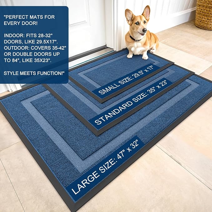 OLANLY Front Door Mat Outside 35x23, All-Season Heavy-Duty Rubber Doormat | Light Blue, Absorbent, Stain Fade Resistant, Waterproof Non-Slip Backing, Low-Profile Indoor Outdoor Floor Mat for Entryway