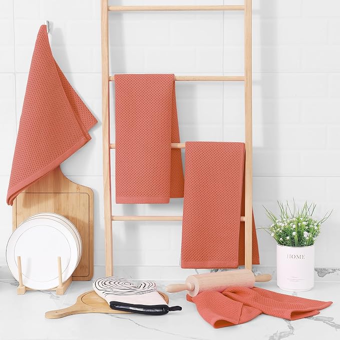 Homaxy 100% Cotton Waffle Weave Kitchen Dish Towels 4-Pack, Coral | 13 x 28 Inches, Ultra Soft Absorbent Dish Towels, Quick Drying Cleaning Towels