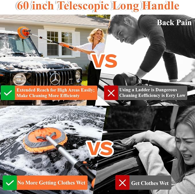 60" Extendable Car Wash Brush Kit with Long Handle | Scratch-Free Car Wash Brush, Chenille Car Mop, 2-in-1 Windshield Squeegee, Wheel Brush for Cars, Trucks Exterior Cleaning