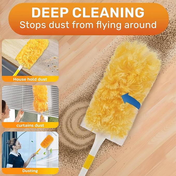Heavy Duty Duster Refills 30 Pack, 360° Multi Surface Feather Dusters Kit with Extendable 3FT Handle, Disposable Microfiber Dusters for Cleaning Furniture, Blinds, Ceiling Fan & Car