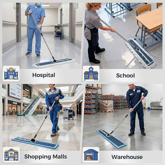 42" Commercial Dust Mop for Floor Cleaning, Heavy Duty Industrial Mop | Large Flat Mop with Long Handle, Push Mop with 2 Different Mops Pads, for Hardwood, Tile, Gym, Office, Mall, Warehouse