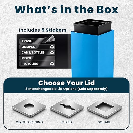 Alpine Commercial Indoor Recycle Bin with Lid - 29 Gallon Blue Recycle Bin Recycle Trash Can Office Recycling Bins, Metal Recycling Container with Stickers & 3 Optional Lids Sold Separately