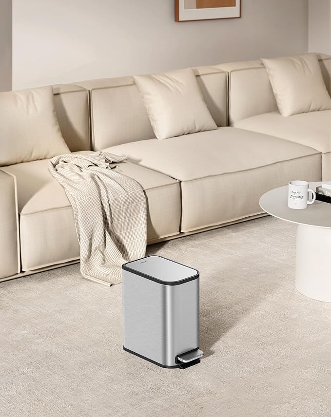 Cesun Small Bathroom Trash Can with Lid Soft Close & Pedal, 1.3 Gal, Silver | Removable Inner Bucket, Slim Stainless Steel Garbage Can for Bedroom/Office, Included 5 Trash Bags, Hidden Bag, Built to Last