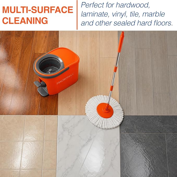 Macromax Force Spin Mop and Bucket Set with 2 Refills– Pedal-Activated Wringer System – 360° Microfiber Mop for Floor Cleaning – Ergonomic Handle – Wet or Dry Use – Hardwood, Tile & Laminate