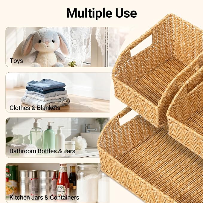 Brownlily Faux Wicker Pantry Storage Baskets, Natural-Single Set (3-Piece) | Handwoven Baskets for Organizing with Built-in Handles, All-Purpose Storage Baskets with Chalkboard for Shelves,Laundry Room