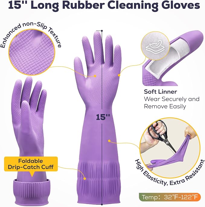FMP Brands 3/6/12/60 Pairs 15 Inch Extra Long Rubber Dishwashing Gloves - Non-Slip for Cleaning, Kitchen, Bathroom, Gardening