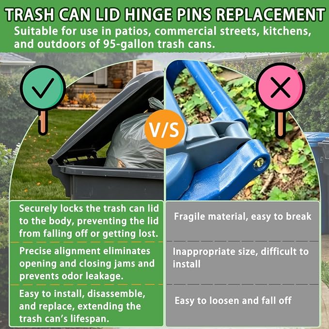 4 Pack Heavy Duty Wheelie Trash Can Bin Lid Hinge Pins Fit for Rehrig Sierra Huskylite 95-Gallon Wheeled Trash Can Lids Latch Stronger for Outdoor Household Commercial Wheelie Trash Bins Accessories